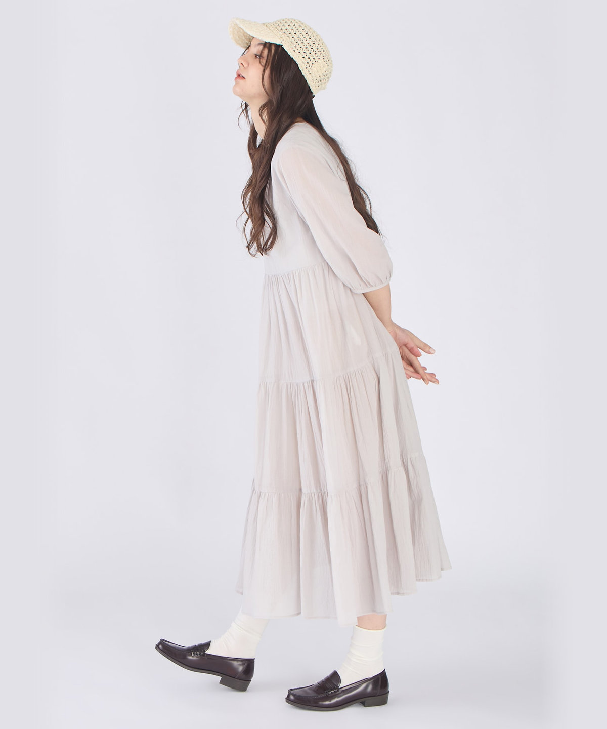 To b. by agnès b. コットン シフォン ティアード ワンピース ライトグレー