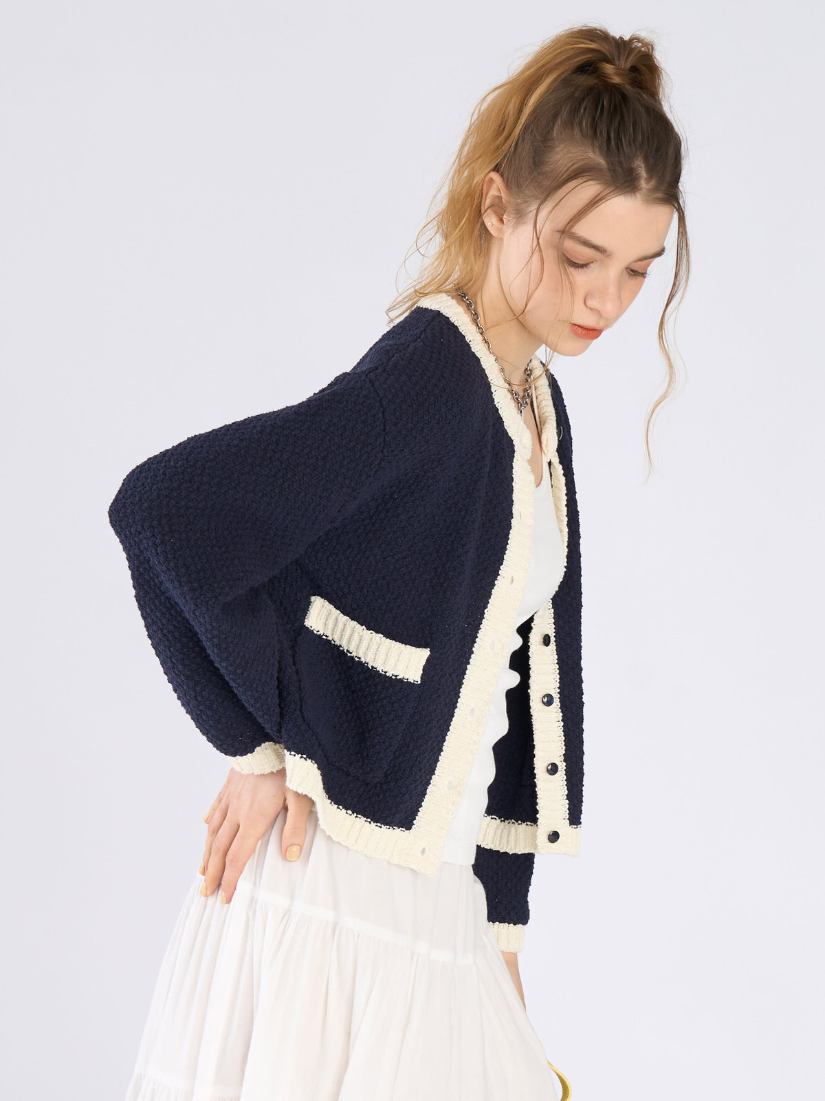 To b. by agnès b. バイカラー ニット カーディガン ネイビー