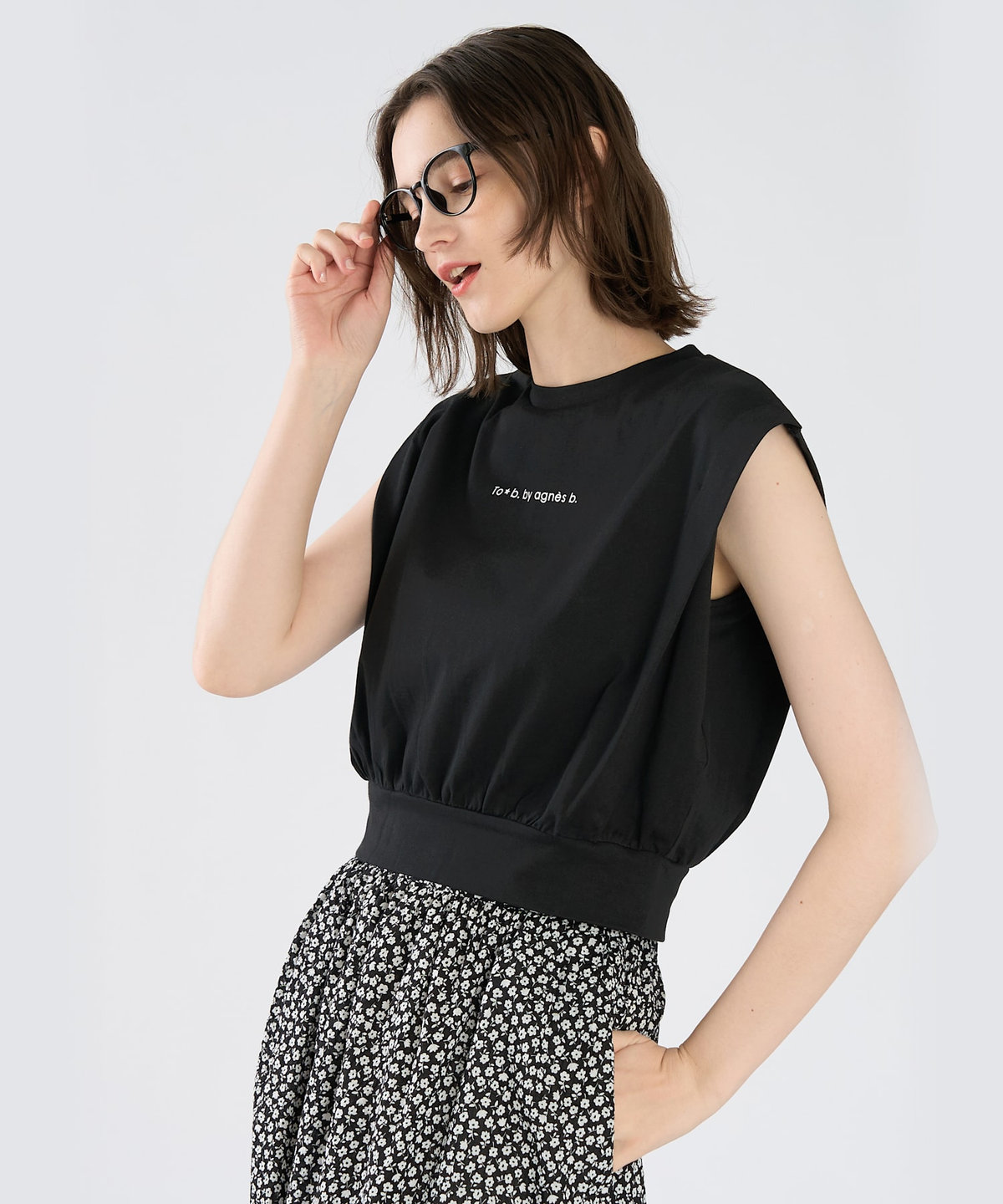 To b. by agnès b. ロゴ コットン フレンチスリーブ トップス ブラック