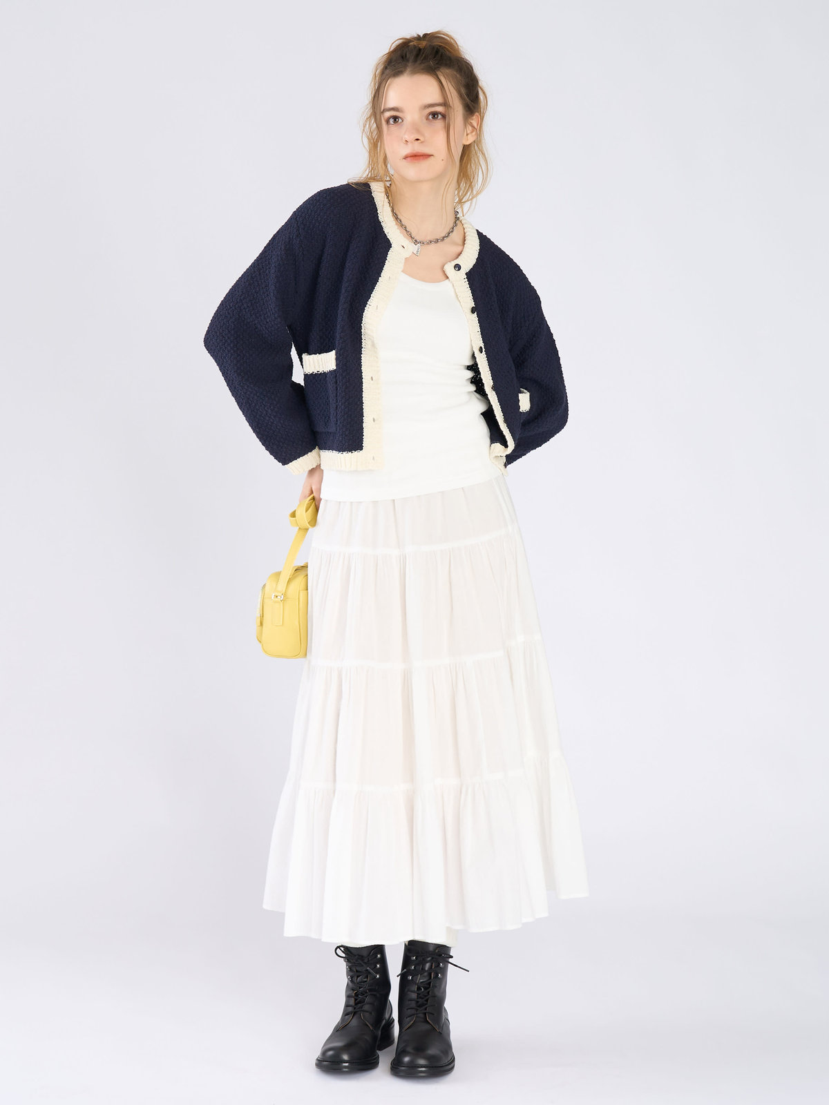 To b. by agnès b. バイカラー ニット カーディガン ネイビー