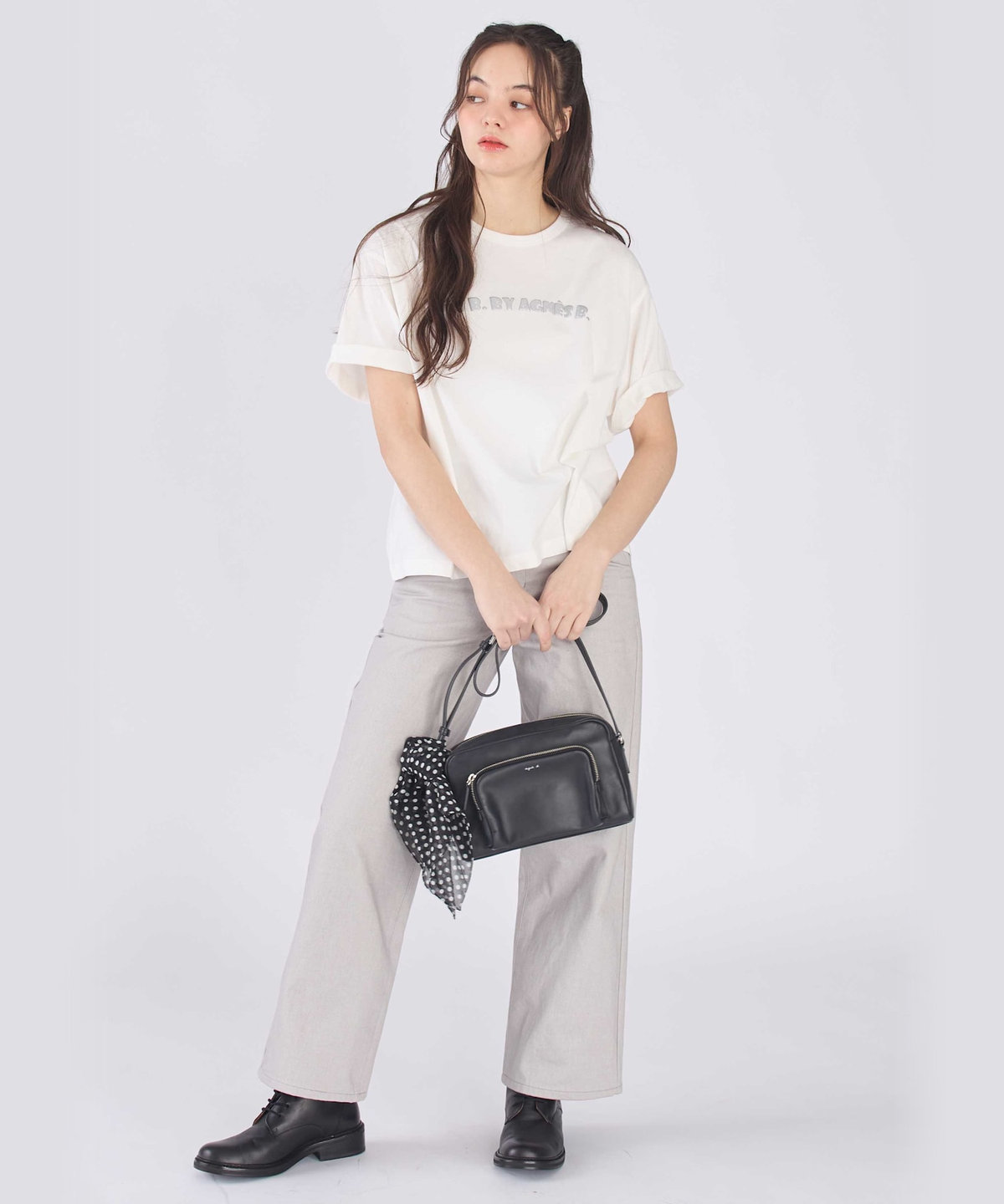 To b. by agnès b. コットン デニム ストレート ワイドパンツ ライトグレー