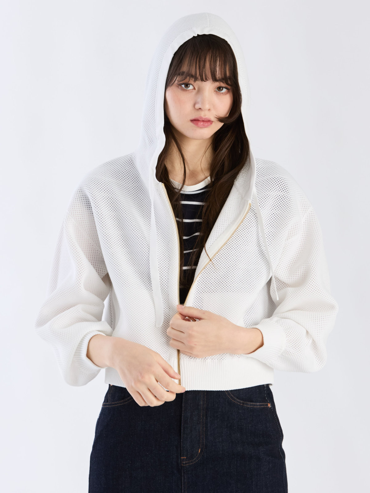 To b. by agnès b. メッシュ ニット ミニフーディー ホワイト