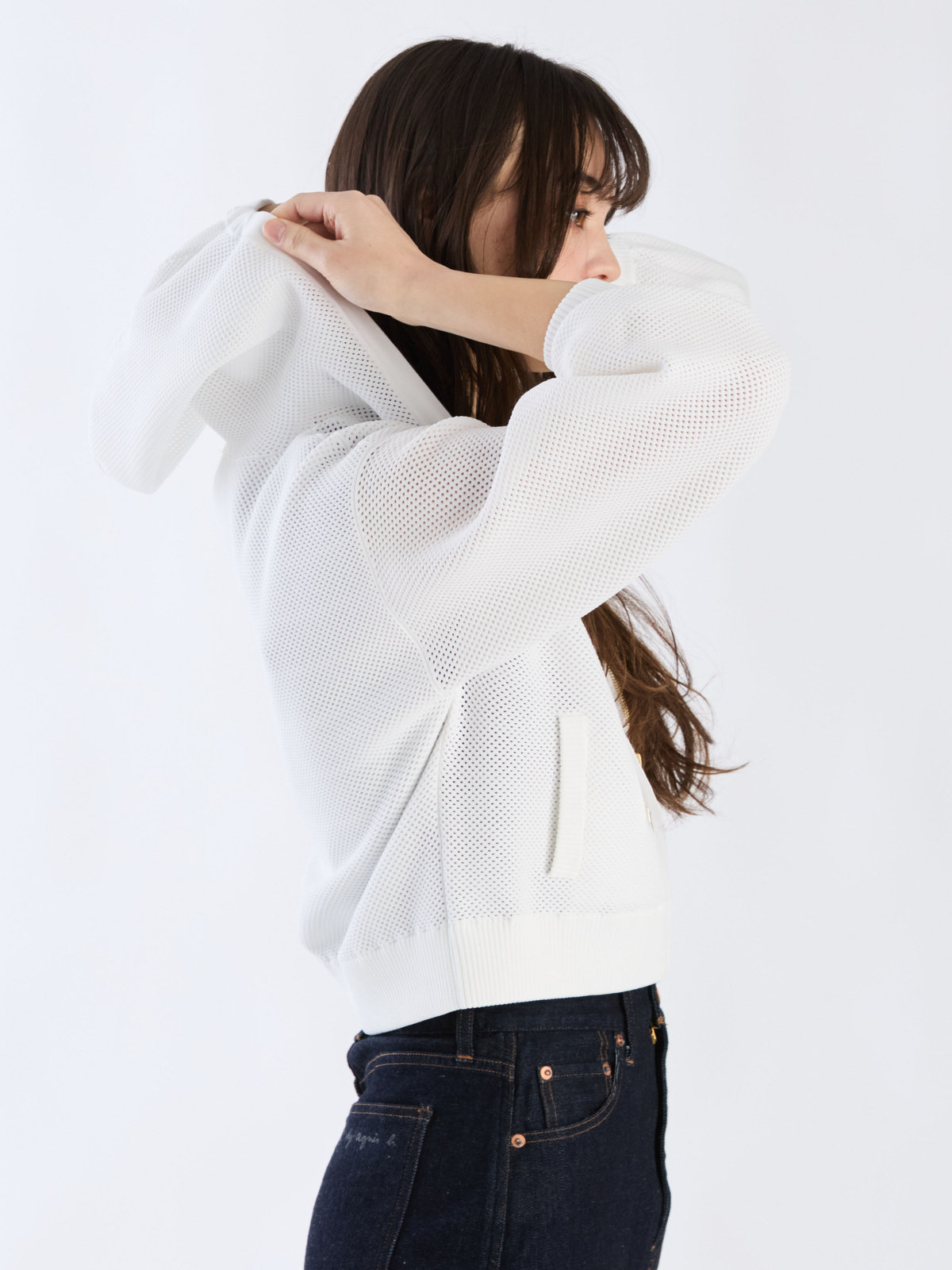 To b. by agnès b. メッシュ ニット ミニフーディー ホワイト