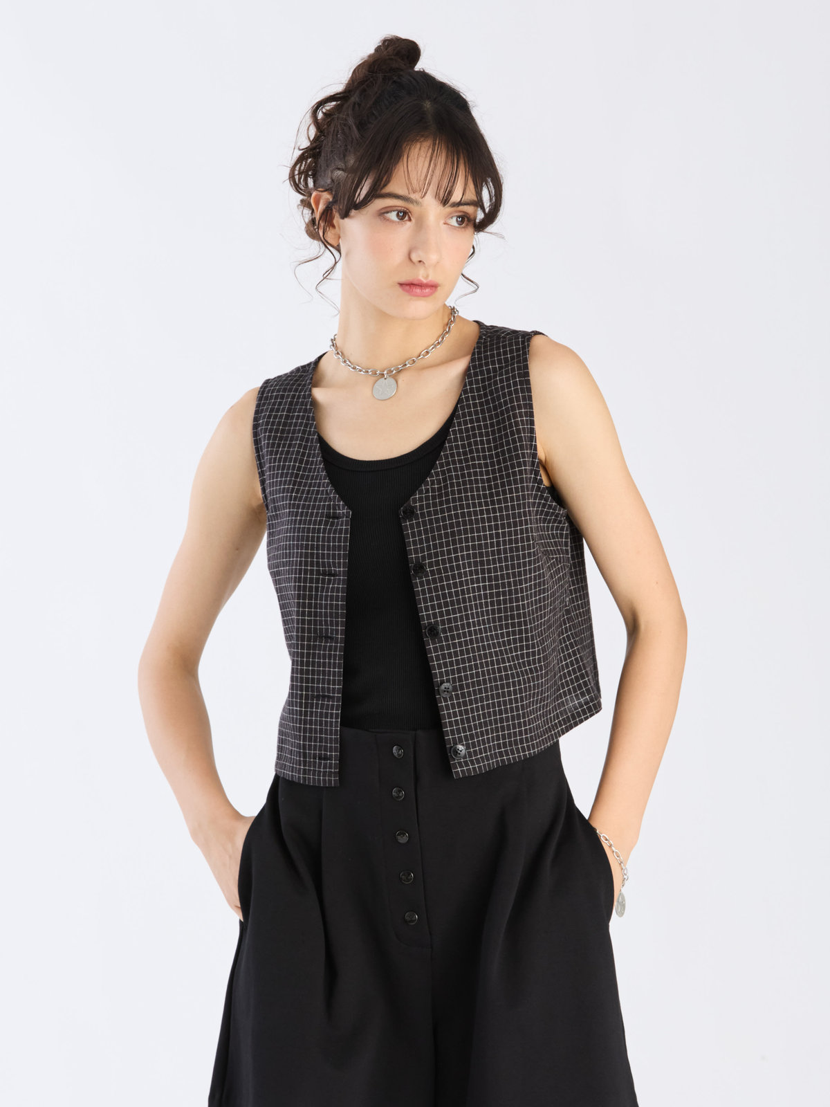 To b. by agnès b. 【Outlet】モノトーン チェック コットン リネン ベスト ブラック×ホワイト