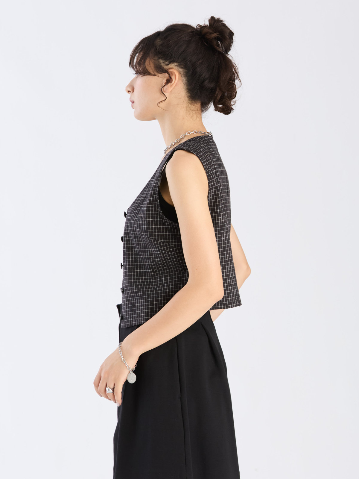 To b. by agnès b. 【Outlet】モノトーン チェック コットン リネン ベスト ブラック×ホワイト