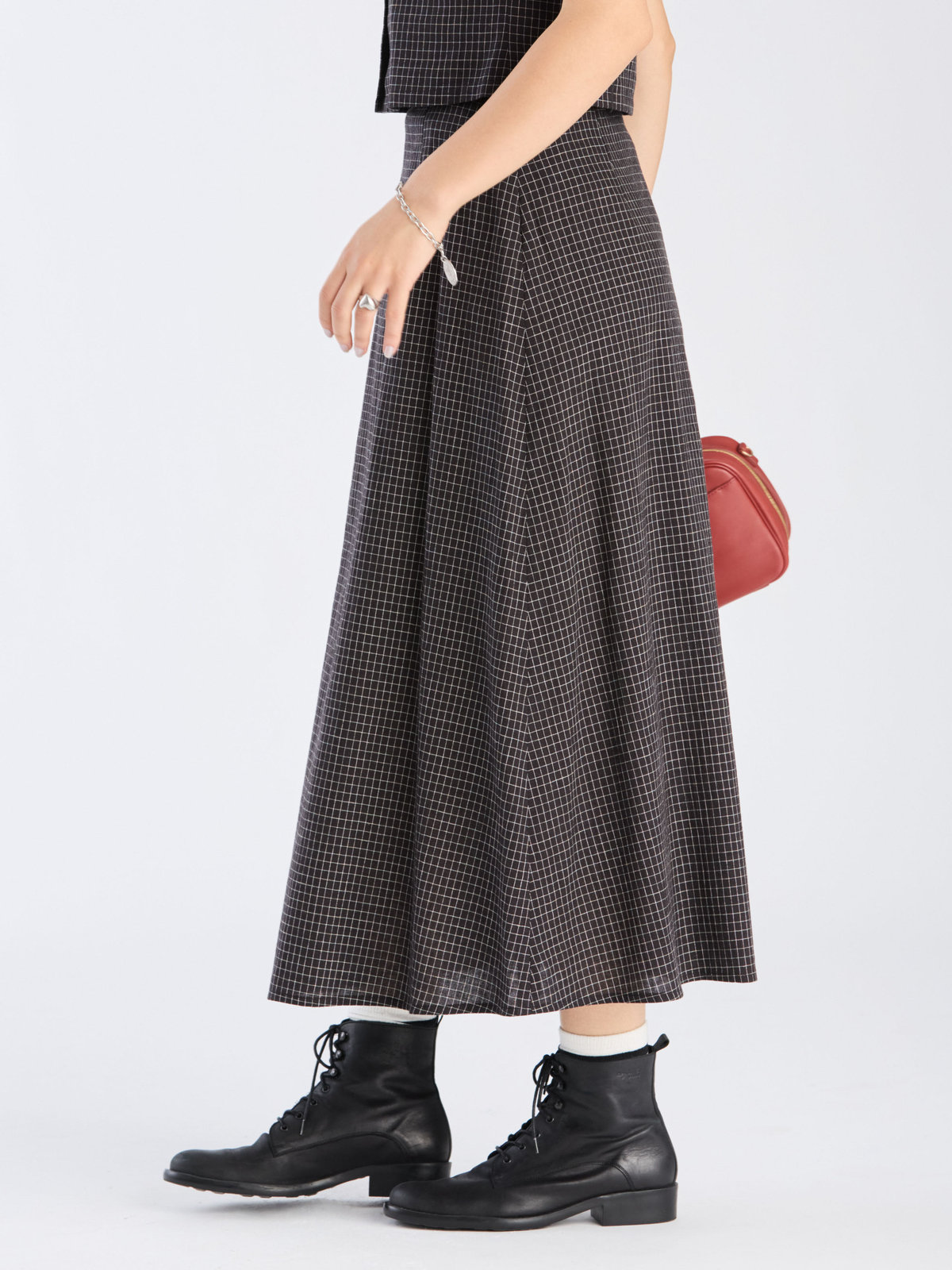 To b. by agnès b. 【Outlet】モノトーン チェック コットン リネン ロングスカート ブラック×ホワイト