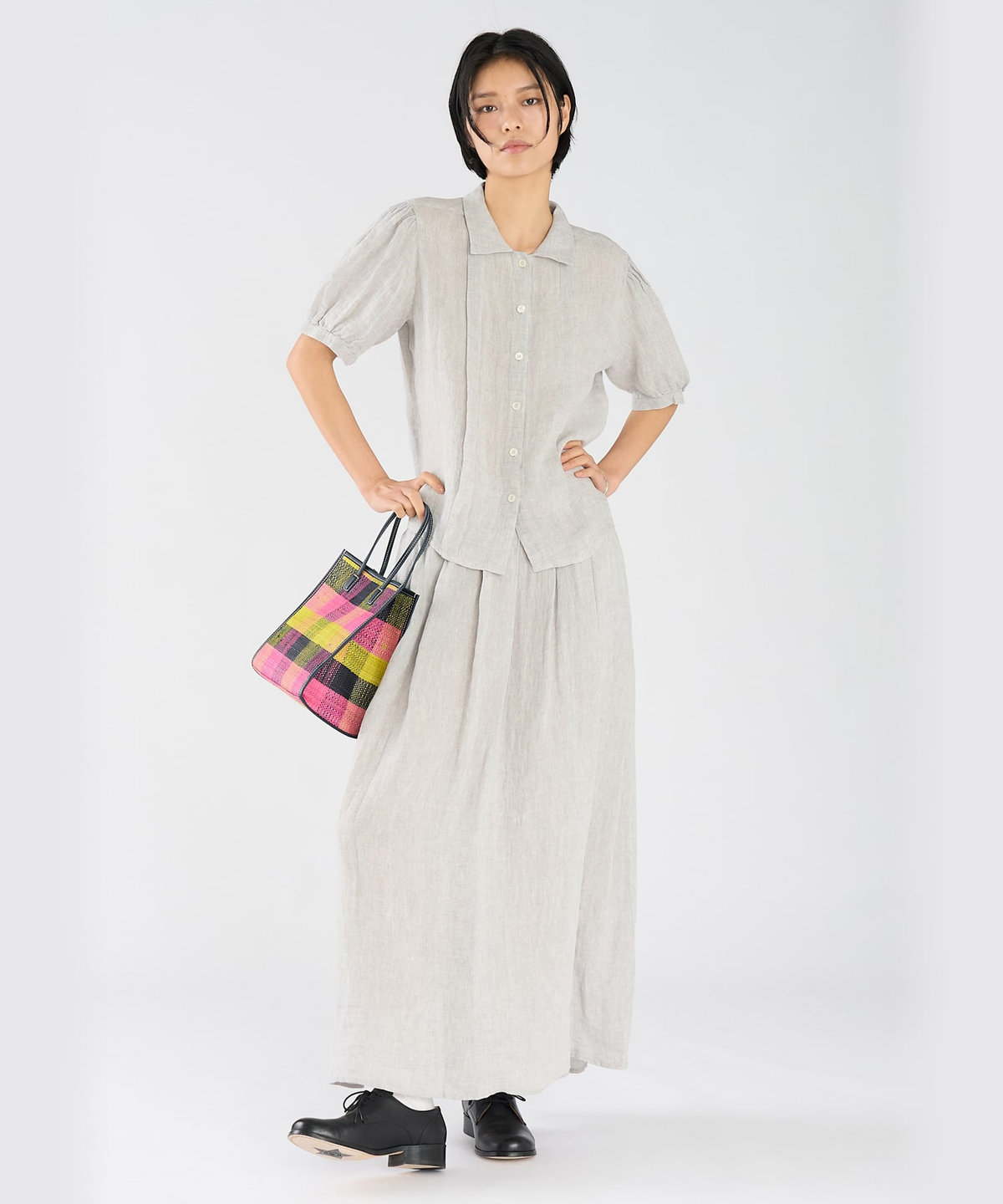 FEMME ウィメンズ リネン 半袖 スタンドカラー ブラウス "New Desir" グレー