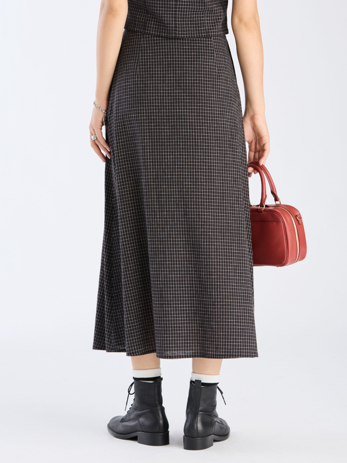 To b. by agnès b. 【Outlet】モノトーン チェック コットン リネン ロングスカート ブラック×ホワイト