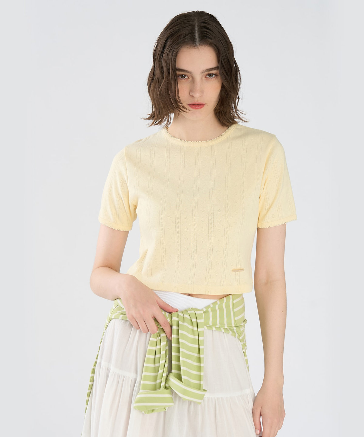 To b. by agnès b. アイレット コットン ジャージー コンパクト 半袖 Tシャツ イエロー