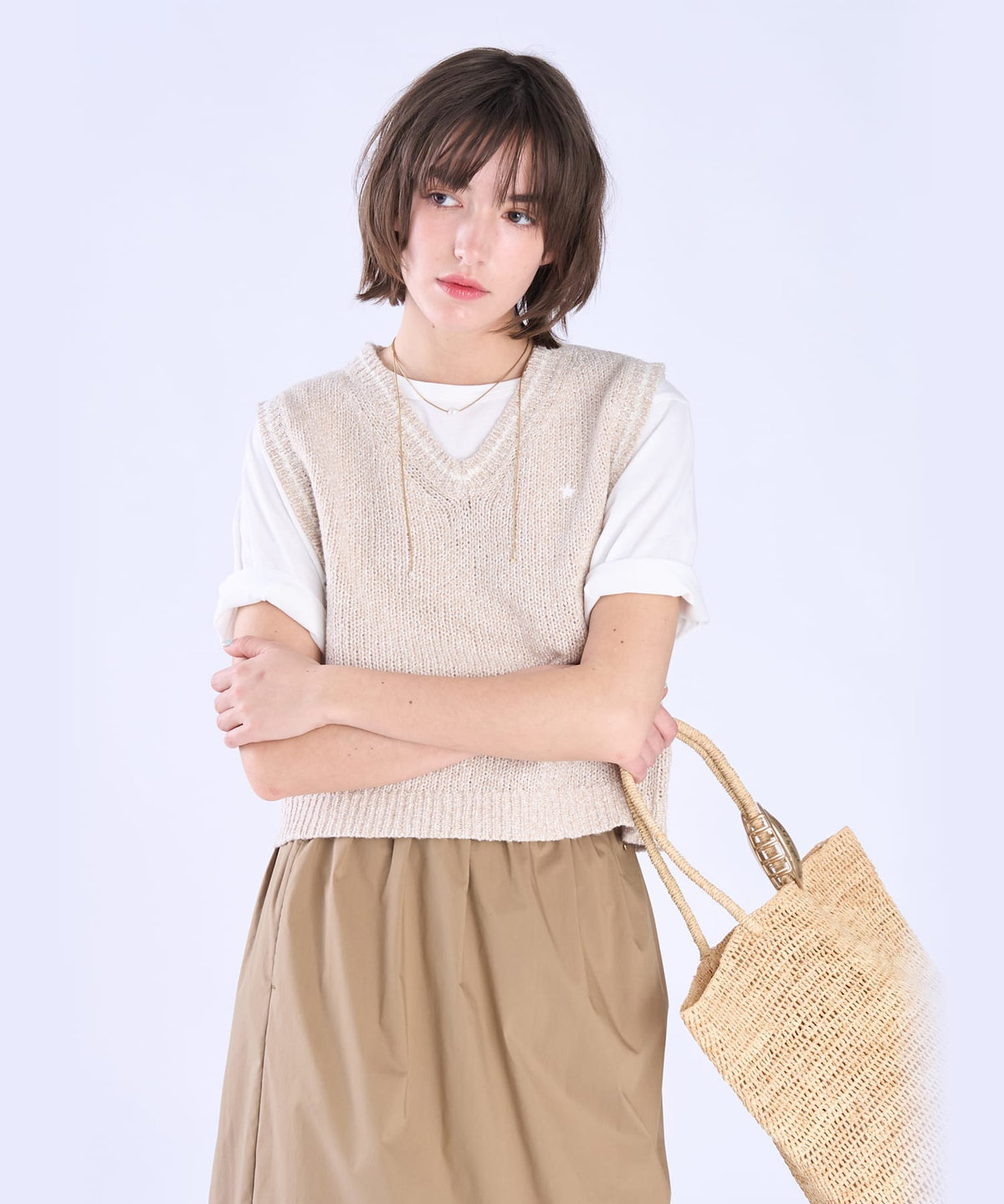 To b. by agnès b. スター 刺繍 ミックス ヤーン ニット ベスト ベージュ