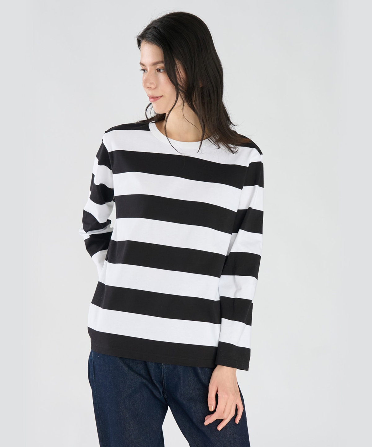 FEMME ウィメンズ 太ボーダー コットン 長袖Tシャツ "Cool" ホワイト×ブラック