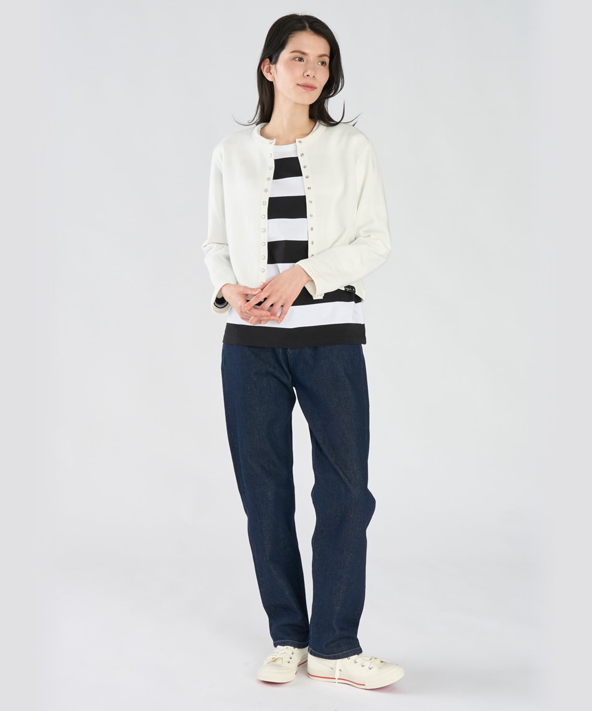 FEMME ウィメンズ 太ボーダー コットン 長袖Tシャツ "Cool" ホワイト×ブラック