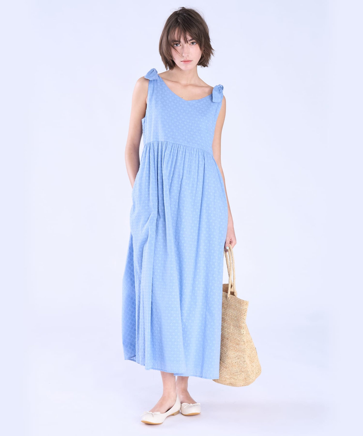 To b. by agnès b. フラワー コットン カット ジャカード ワンピース ブルー