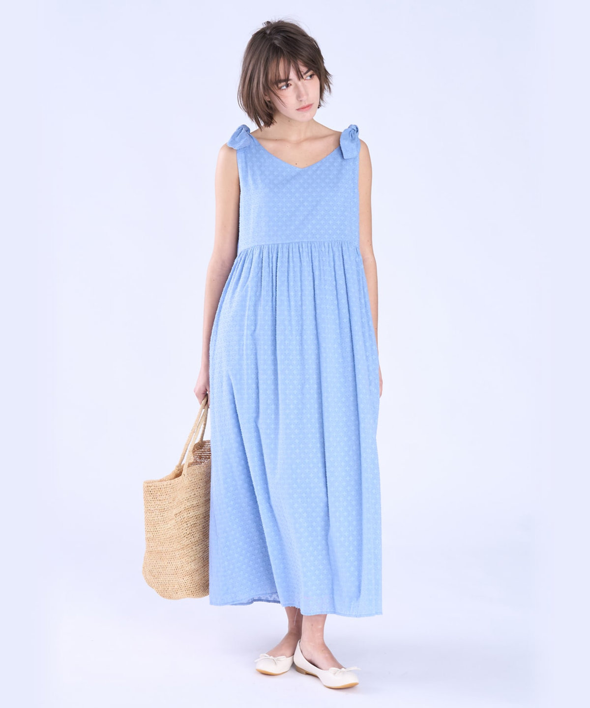 To b. by agnès b. フラワー コットン カット ジャカード ワンピース ブルー