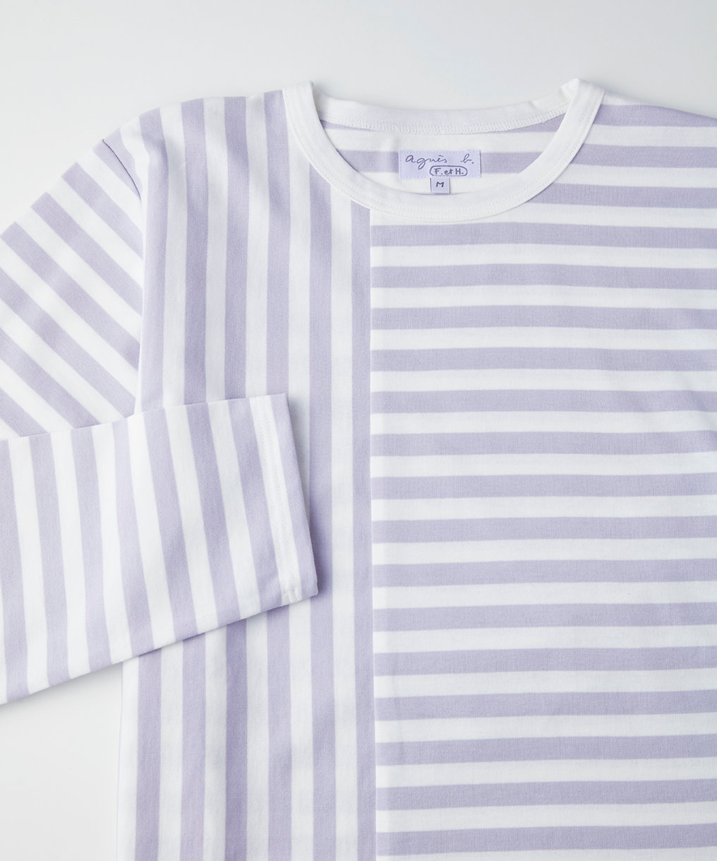 FEMME ウィメンズ 【by R 限定品】agnes b. 細ボーダーxストライプ コットン 長袖 Tシャツ "Haru" サックス×ホワイト