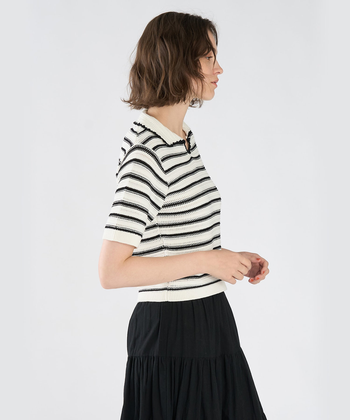 To b. by agnès b. カラーボーダー コットン 半袖 ニットポロ オフホワイト