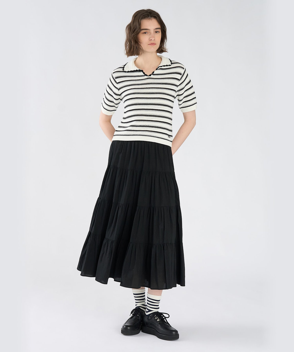 To b. by agnès b. カラーボーダー コットン 半袖 ニットポロ オフホワイト