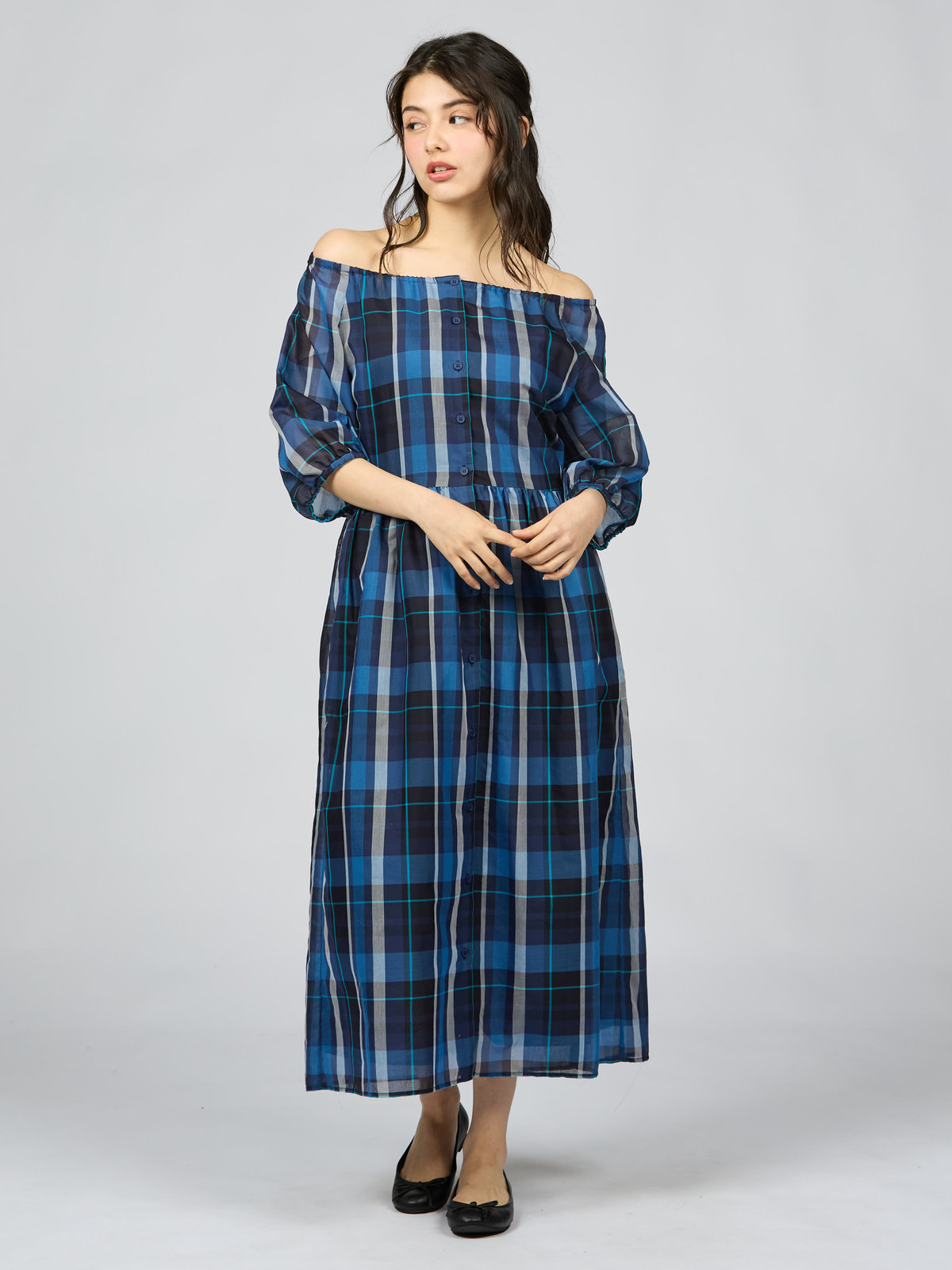 To b. by agnès b. 【Outlet】トゥービーシアーチェックワンピース ブルー