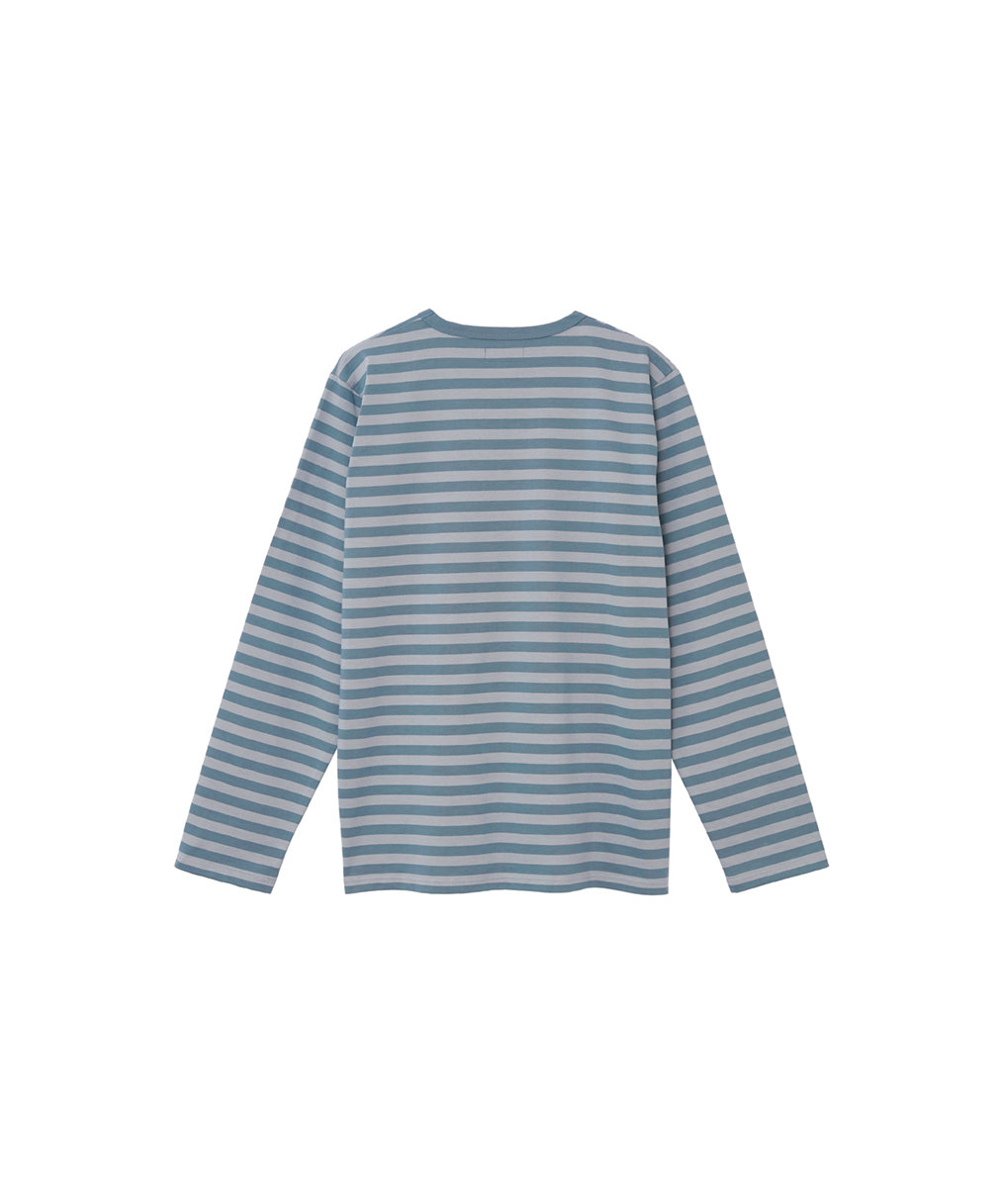 FEMME ウィメンズ 【by R 限定品】agnes b. 細ボーダーxストライプ コットン 長袖 Tシャツ "Haru" ブルーグレー×ライトグレー