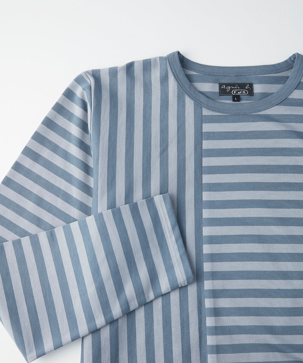 FEMME ウィメンズ 【by R 限定品】agnes b. 細ボーダーxストライプ コットン 長袖 Tシャツ "Haru" ブルーグレー×ライトグレー