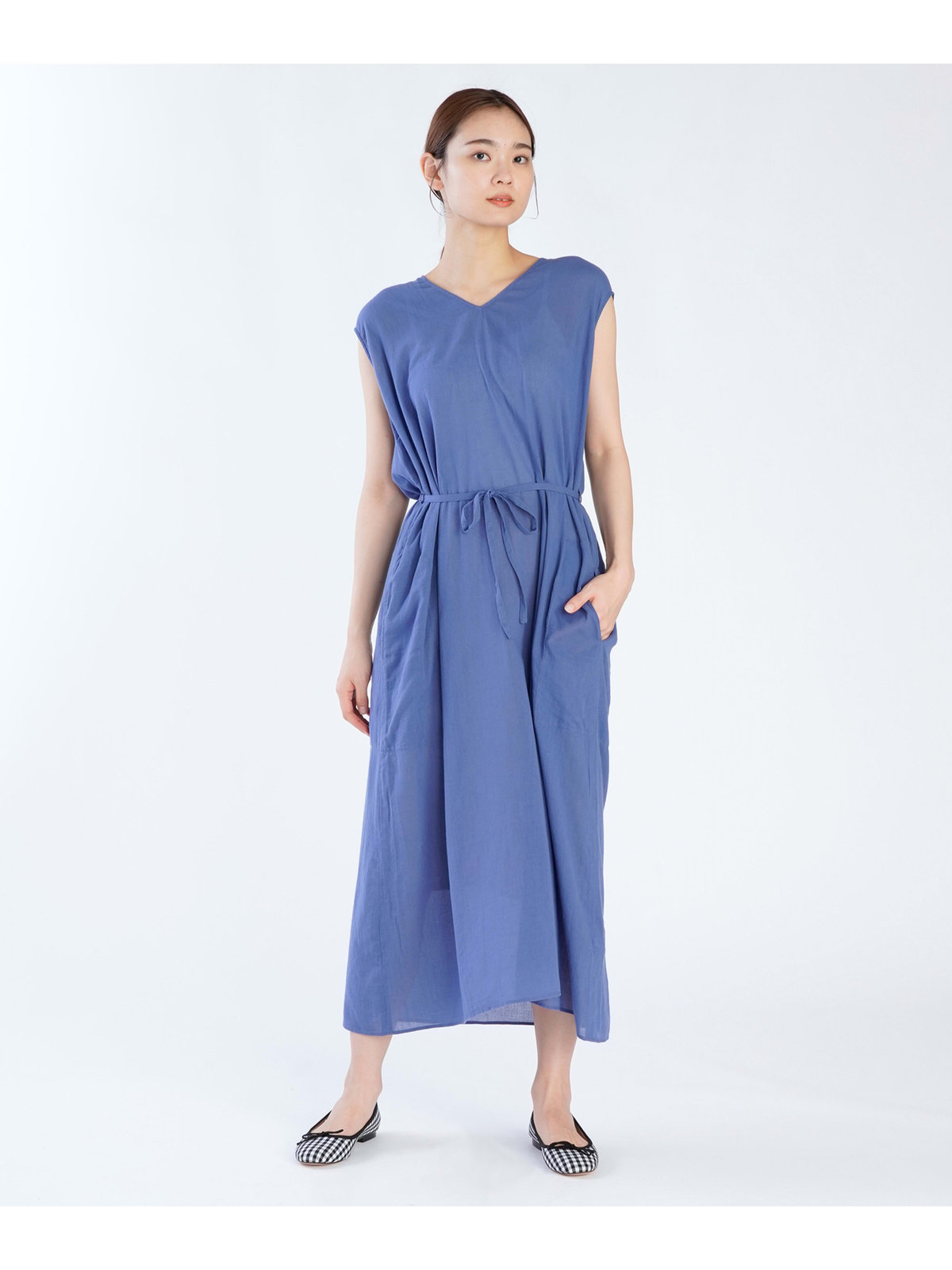 FEMME ウィメンズ 【Outlet】ガーゼ調コットン Vネック ノースリーブ ロングワンピース "Volubilis" ブルー