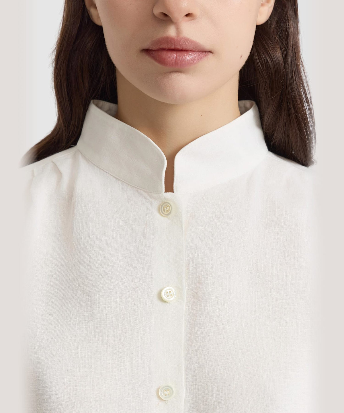 FEMME ウィメンズ リネン キャンバス スタンドカラー 半袖 シャツ "Ginette" アイボリー