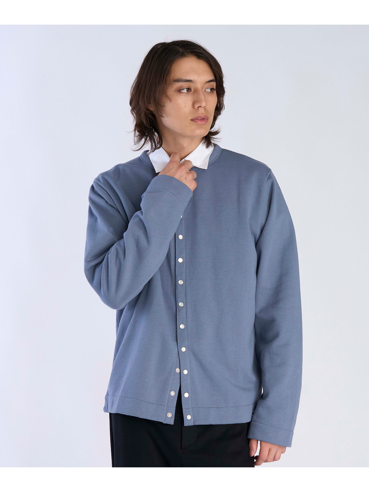HOMME メンズ メンズ オーガニックコットン メルトン 長袖 カーディガンプレッション "Nacre"  [Made in France] グレー