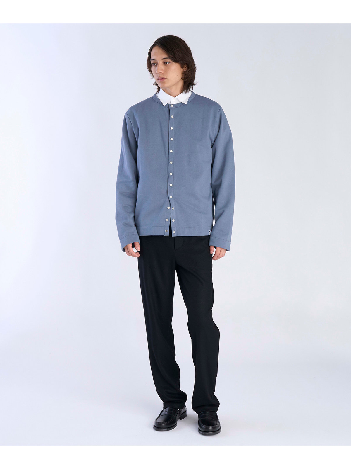 HOMME メンズ メンズ オーガニックコットン メルトン 長袖 カーディガンプレッション "Nacre"  [Made in France] グレー