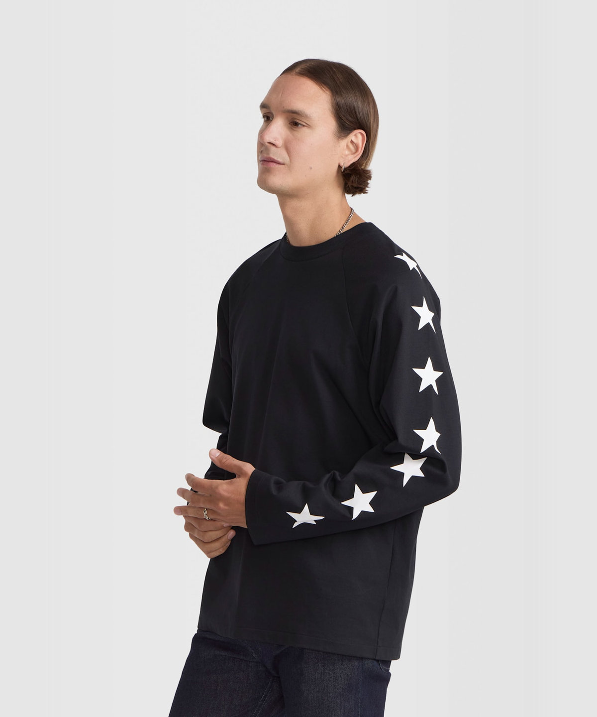 HOMME メンズ メンズ プリント オーガニックコットン 長袖 Tシャツ "Senga" ブラック