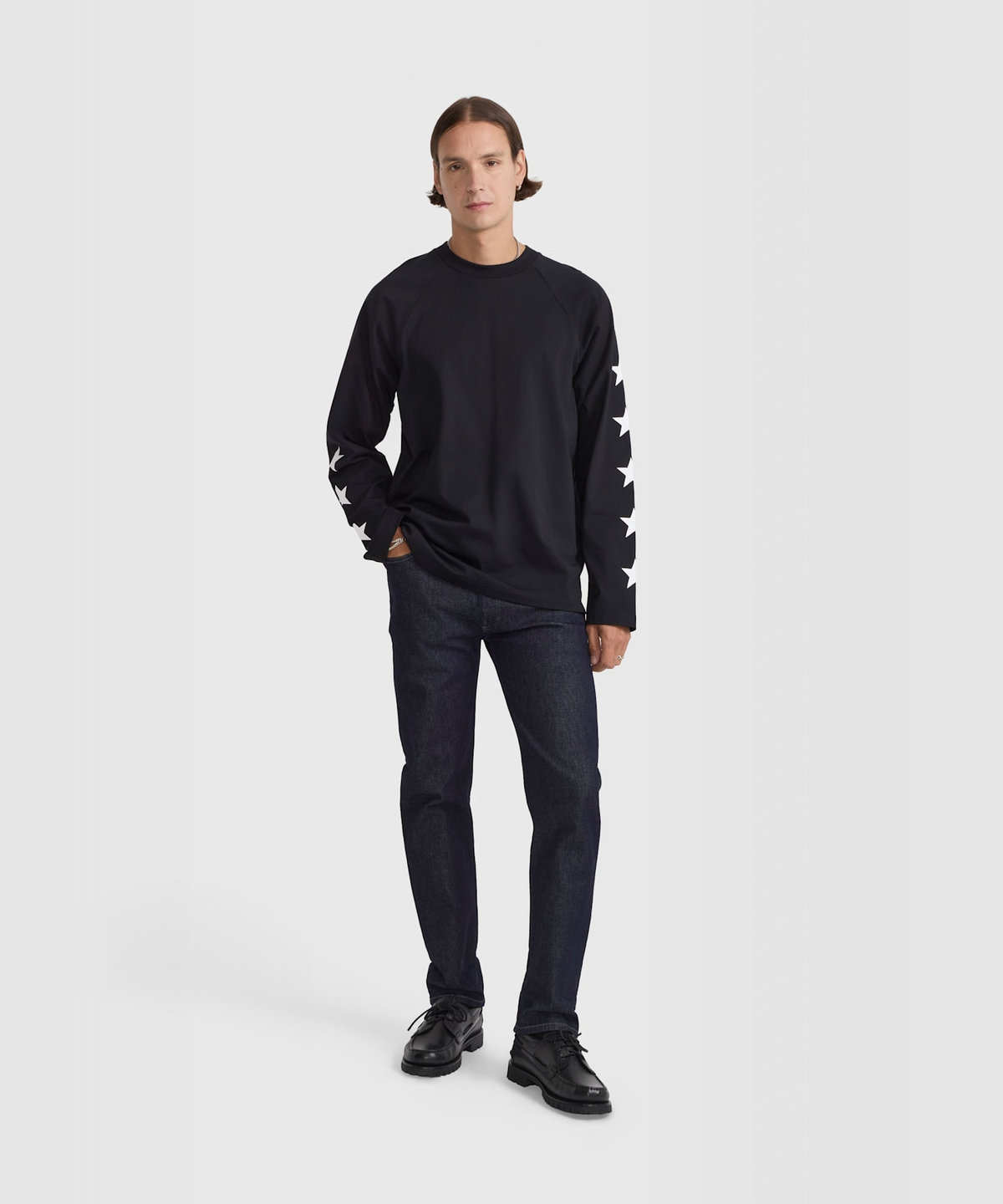 HOMME メンズ メンズ プリント オーガニックコットン 長袖 Tシャツ "Senga" ブラック