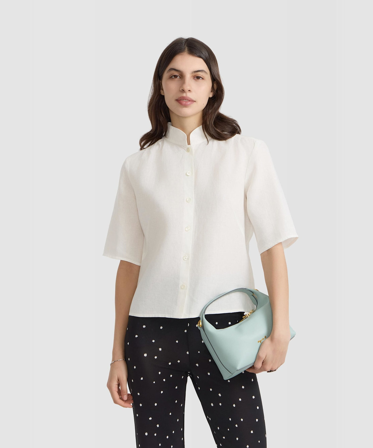 FEMME ウィメンズ リネン キャンバス スタンドカラー 半袖 シャツ "Ginette" アイボリー