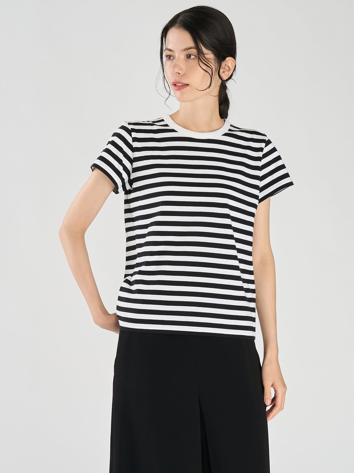 FEMME ウィメンズ 細ボーダー コットン 半袖Tシャツ "Brando" ホワイト×ブラック