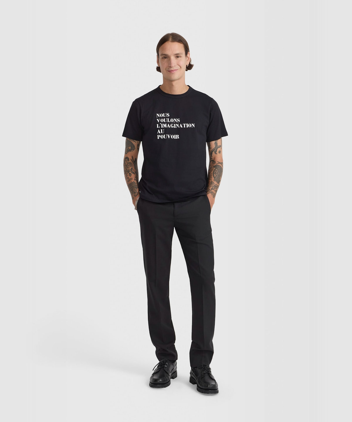 FEMME ウィメンズ プリント コットン 半袖 Tシャツ  "Nous voulons l'imagination au pouvoir" ブラック