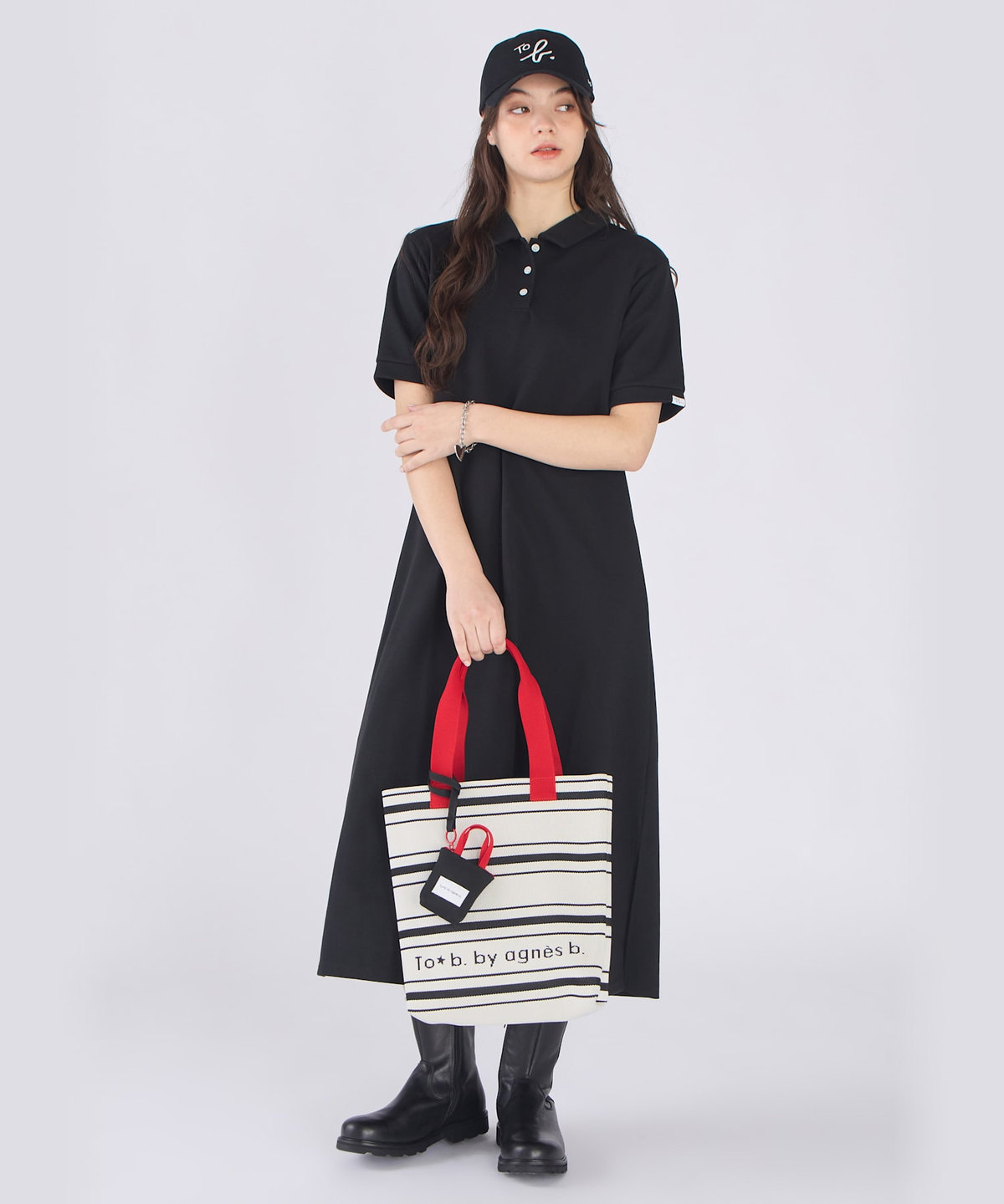 To b. by agnès b. WEB限定 ピケ ジャージー 半袖 ポロ ワンピース ブラック