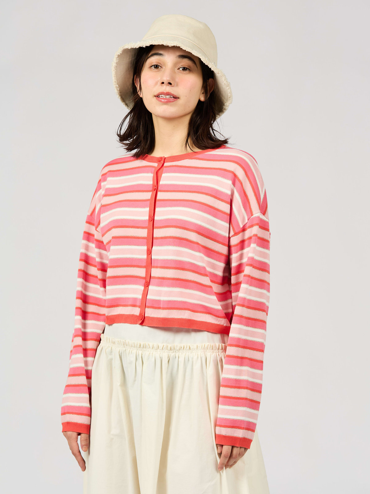 To b. by agnès b. 【Outlet】マルチストライプカーディガン ピンク