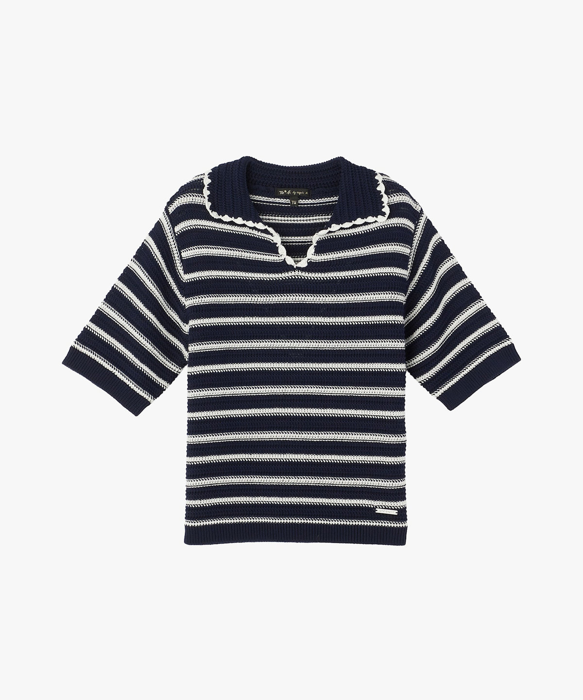 To b. by agnès b. カラーボーダー コットン 半袖 ニットポロ ネイビー
