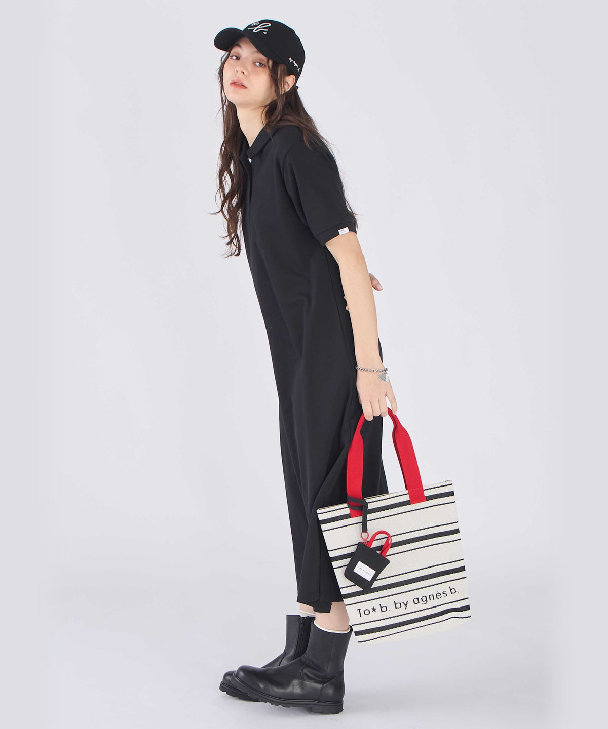 To b. by agnès b. WEB限定 ピケ ジャージー 半袖 ポロ ワンピース ブラック