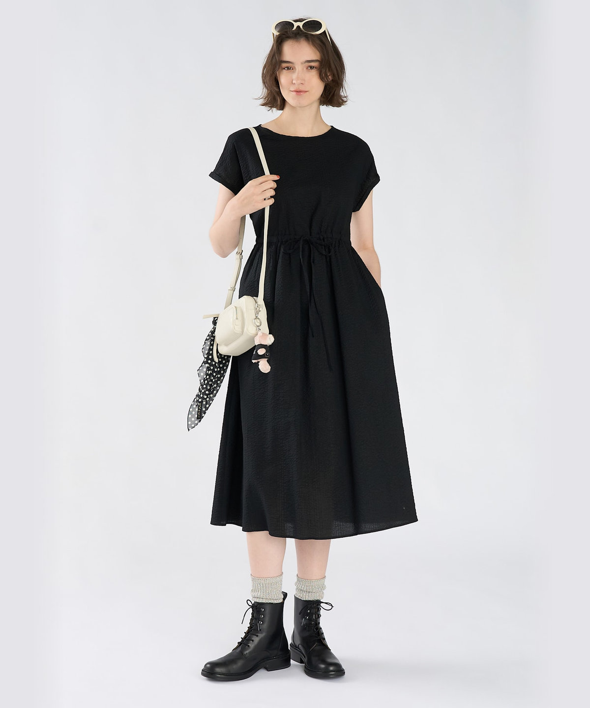 To b. by agnès b. コットン ウエストリボン ショートスリーブ ワンピース ブラック