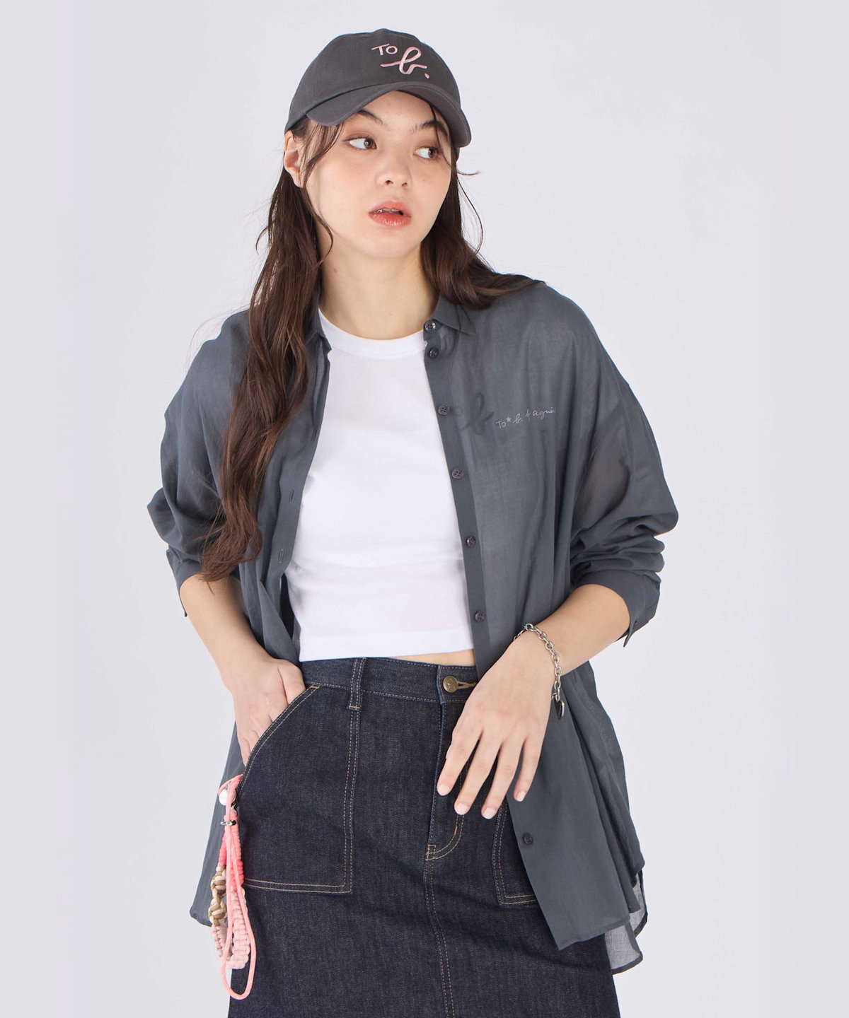 To b. by agnès b. コットン ロングスリーブ ボーイズシャツ チャコールグレー