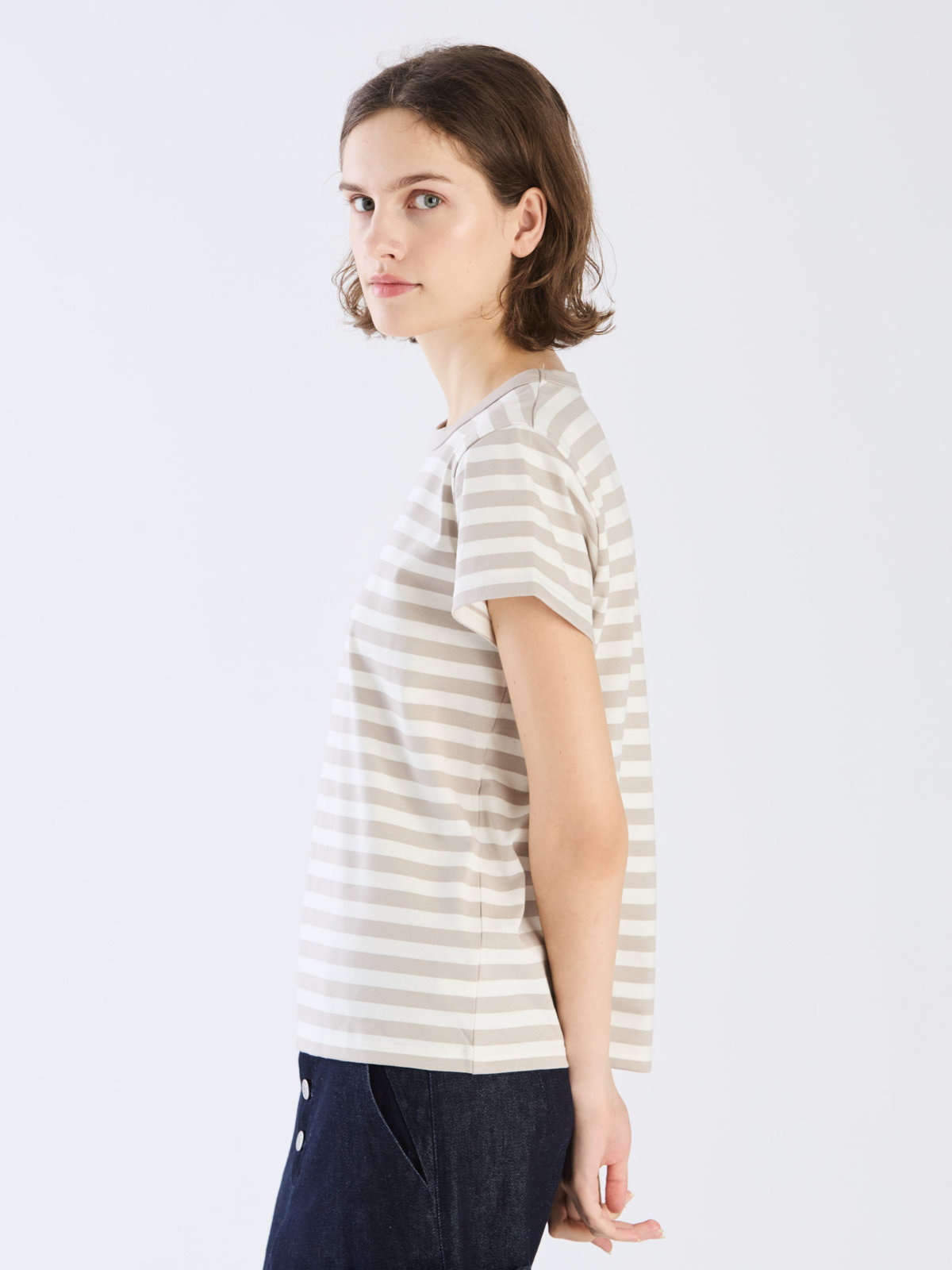 FEMME ウィメンズ 【Outlet】細ボーダー コットン 半袖Tシャツ "Brando" ライトグレー×オフホワイト