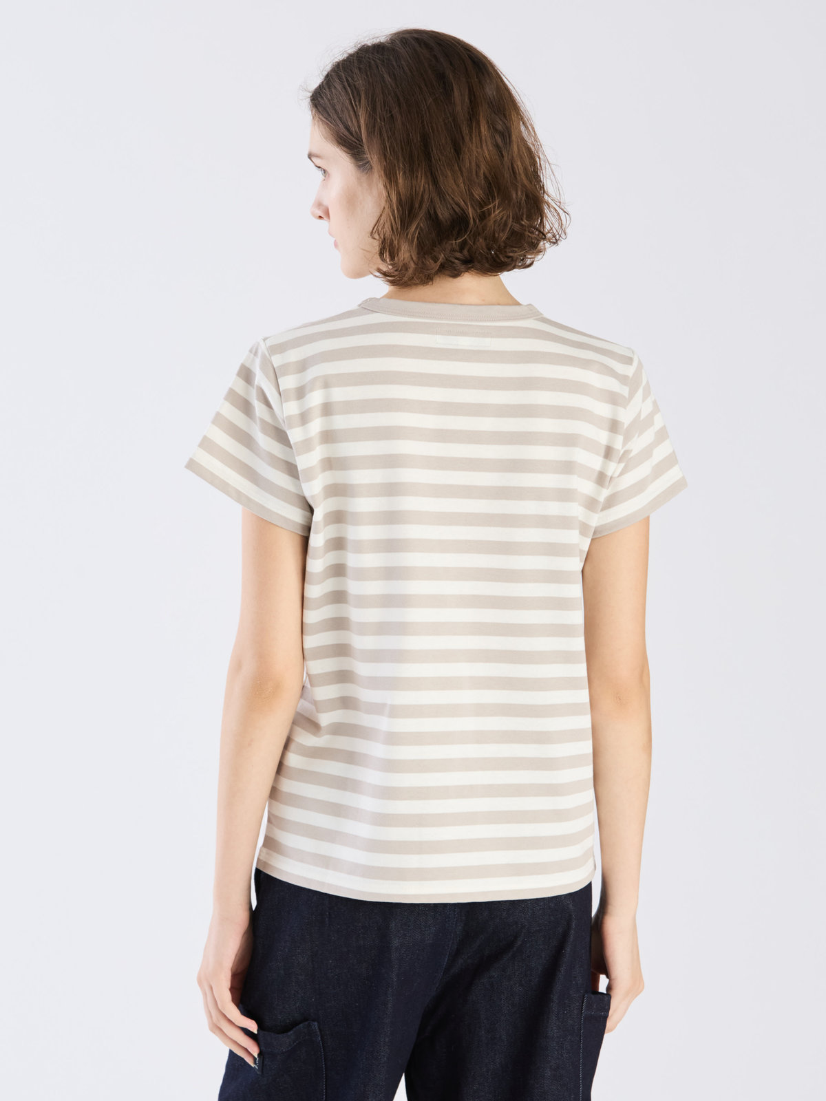 FEMME ウィメンズ 【Outlet】細ボーダー コットン 半袖Tシャツ "Brando" ライトグレー×オフホワイト