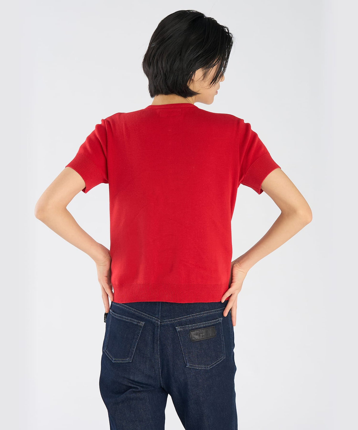 FEMME ウィメンズ "b."ロゴ刺繍 コットンニット 半袖 カーディガンプレッション "Swing" レッド
