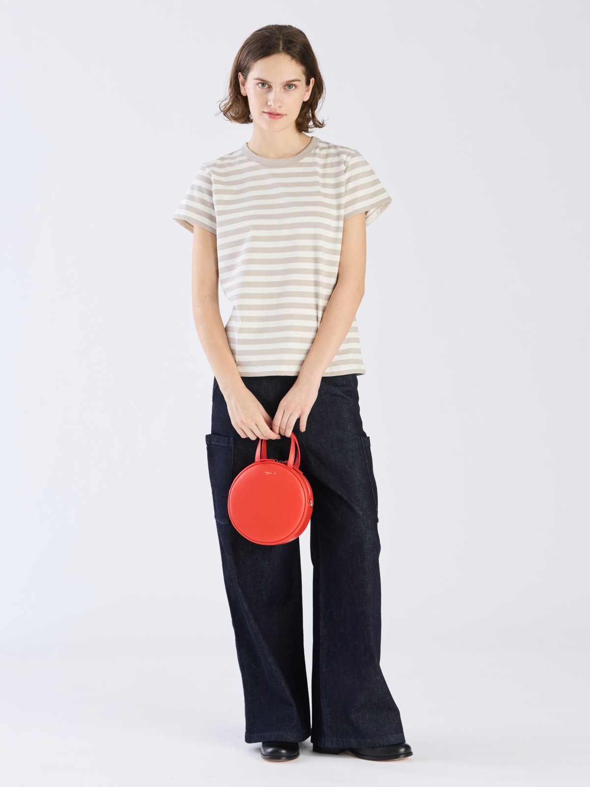 FEMME ウィメンズ 【Outlet】細ボーダー コットン 半袖Tシャツ "Brando" ライトグレー×オフホワイト