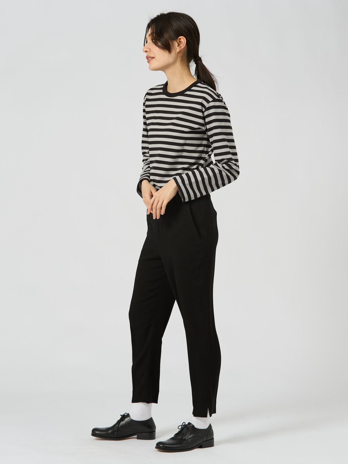FEMME ウィメンズ 細ボーダー コットン 長袖 Tシャツ "Cool" エクリュ×ブラック