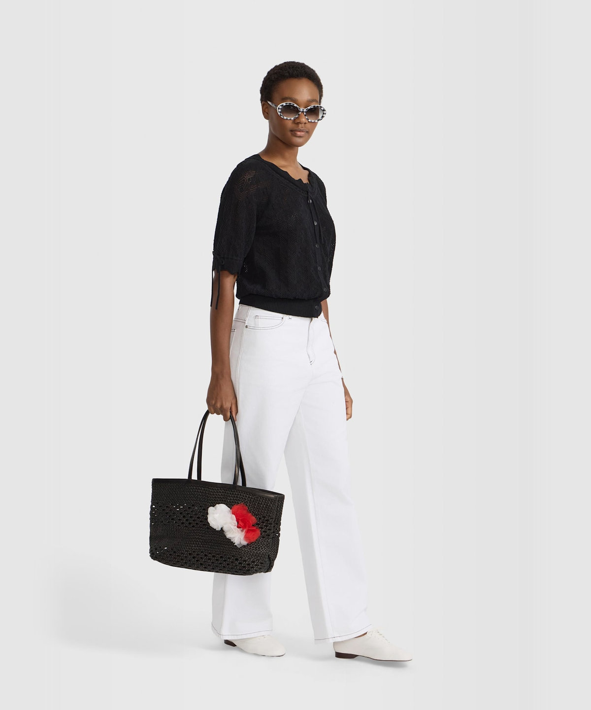 FEMME ウィメンズ フリル レース コットン 半袖 ニット カーディガン ブラック