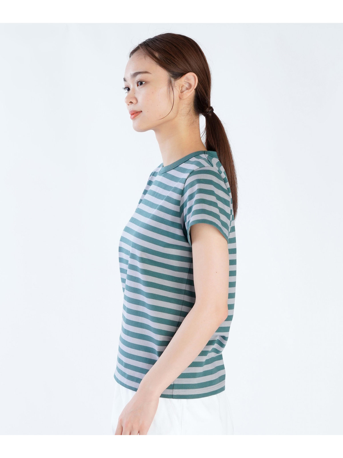 FEMME ウィメンズ 細ボーダー コットン 半袖Tシャツ ”Brando” グリーン×スモーキーブルー