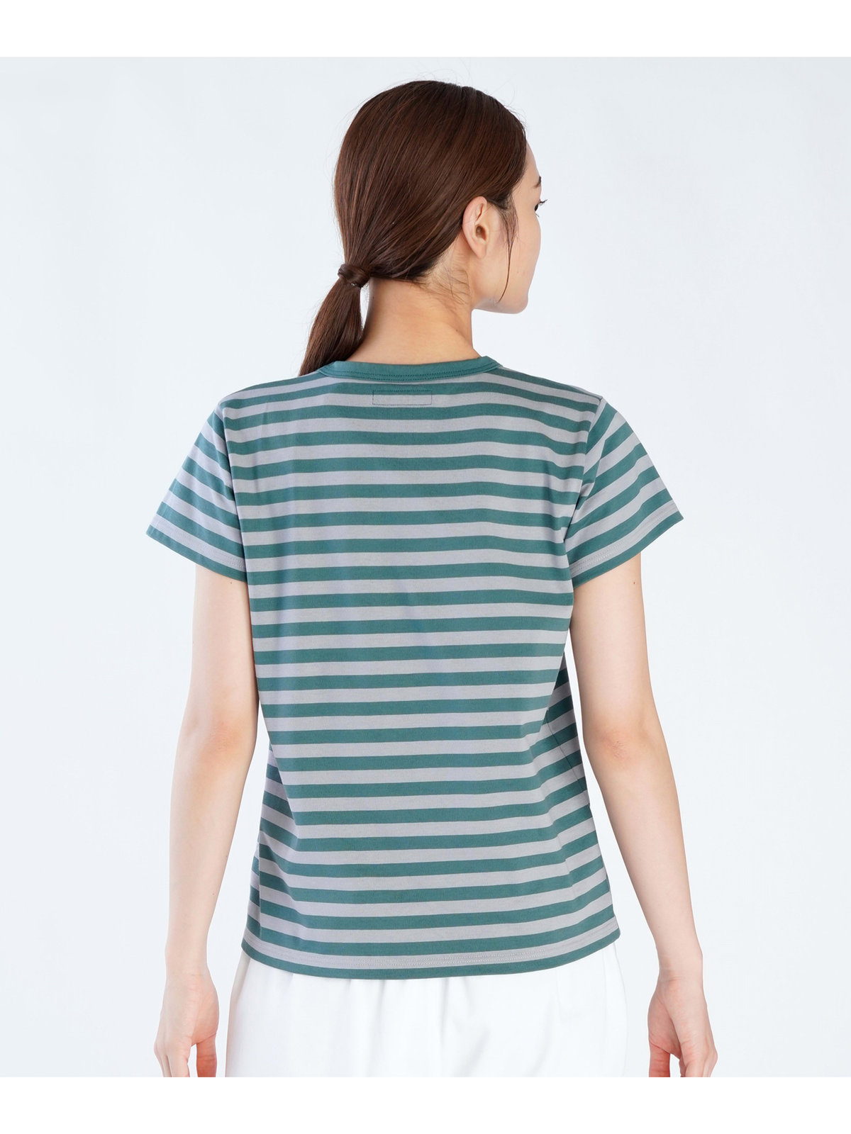FEMME ウィメンズ 細ボーダー コットン 半袖Tシャツ ”Brando” グリーン×スモーキーブルー