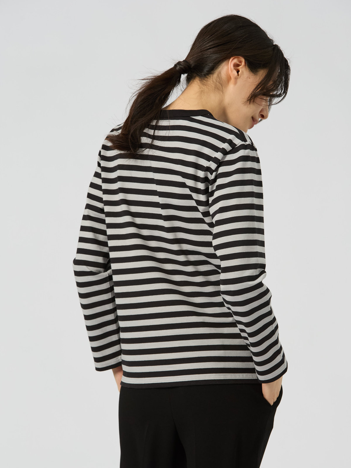 FEMME ウィメンズ 細ボーダー コットン 長袖 Tシャツ "Cool" エクリュ×ブラック