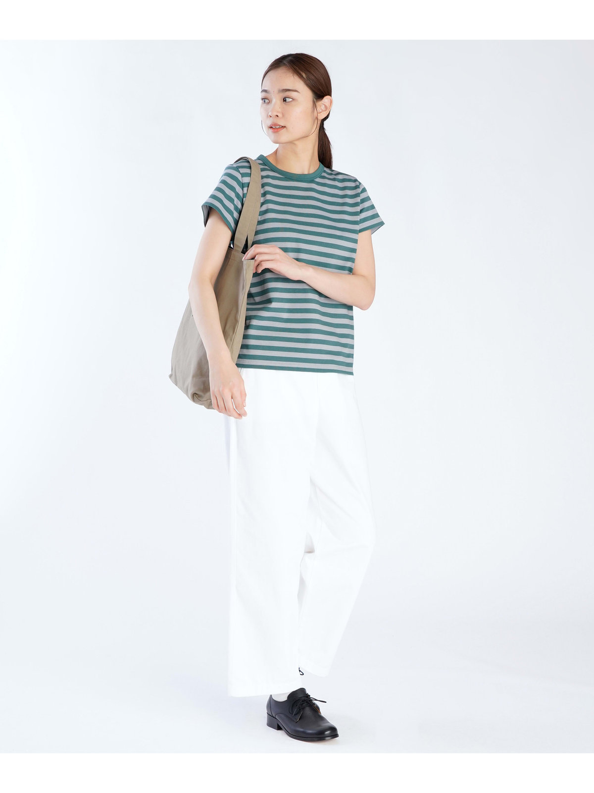 FEMME ウィメンズ 細ボーダー コットン 半袖Tシャツ ”Brando” グリーン×スモーキーブルー