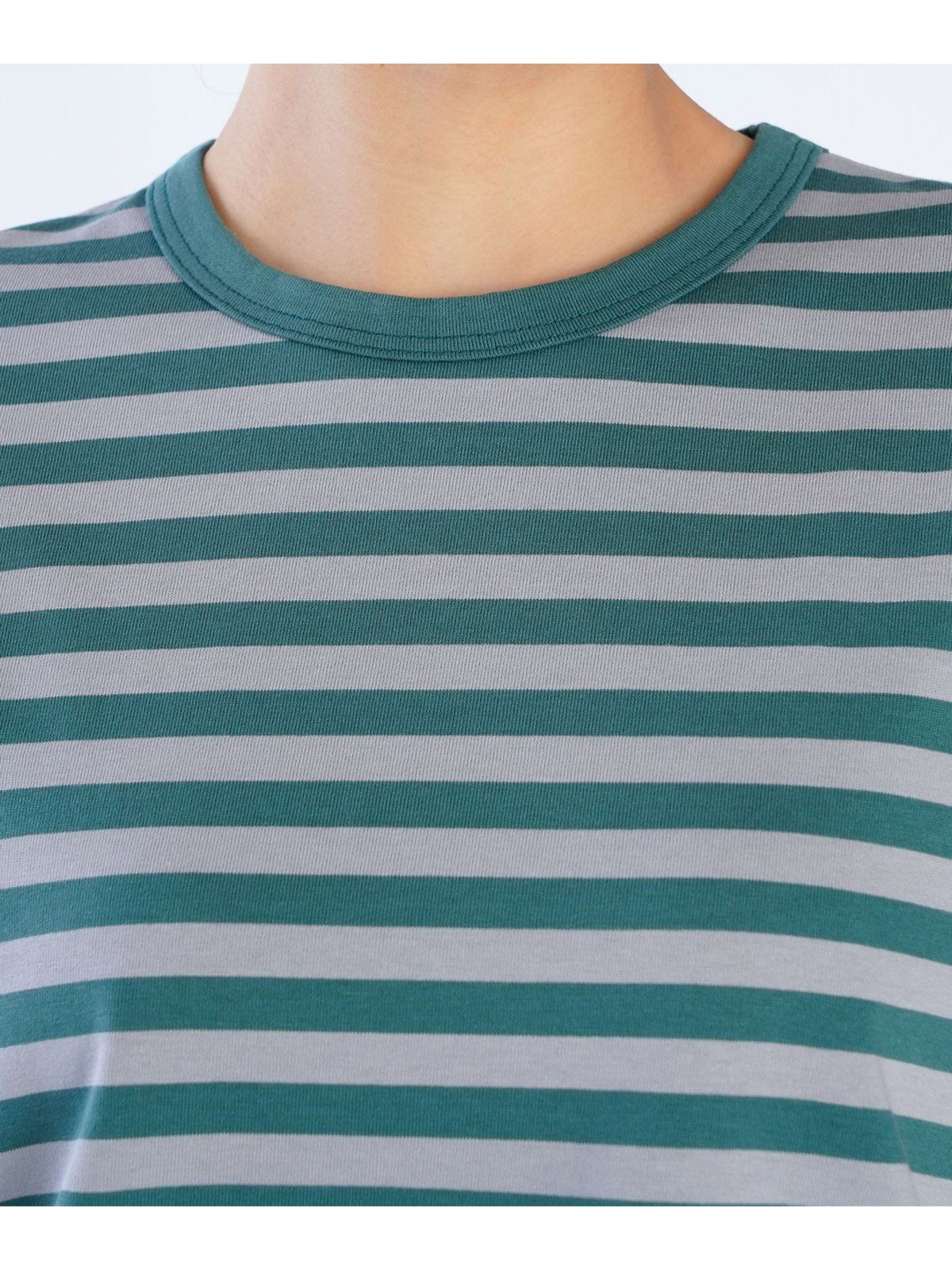 FEMME ウィメンズ 細ボーダー コットン 半袖Tシャツ ”Brando” グリーン×スモーキーブルー